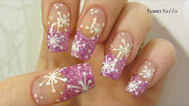 Pink Icy Snowflake Design with Holographic Glitter Nail Art