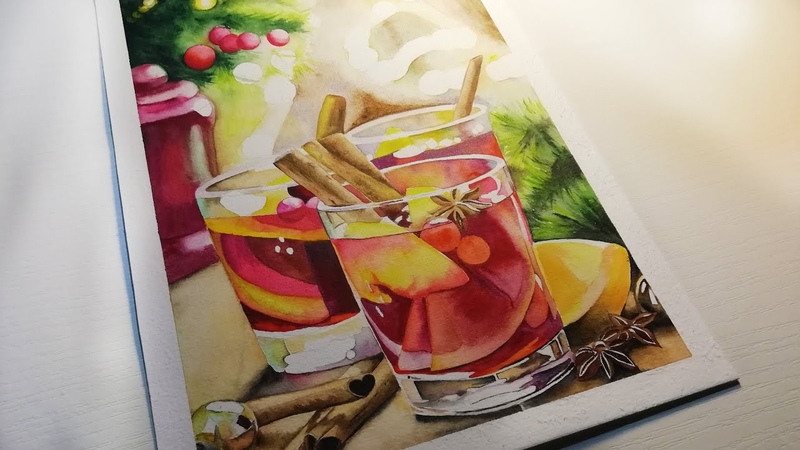 Уютный зимний натюрморт акварелью, Cozy winter still life in