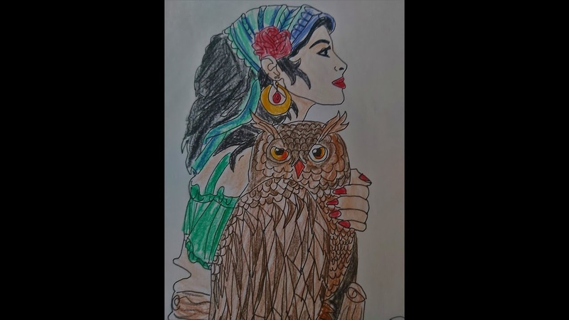 Drawing of a native American girl holding an owl. , Fastdrawing. , Stayhome.
