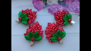 Заколочки “Клубника“ для волос из лент МК Канзаши  / Hair clips “Strawberry“ for hair from ribbons