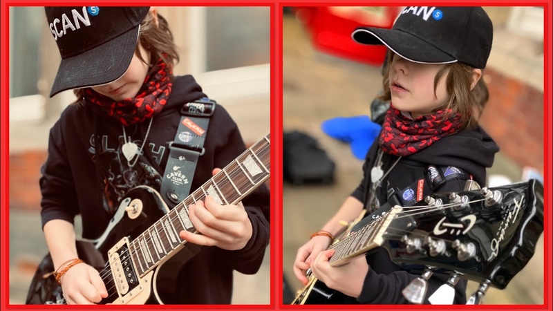 Cool kid Olly amazes crowd, first busk of 2023, Guitar Shadows, AC, DC, Rolling Stones, Chester