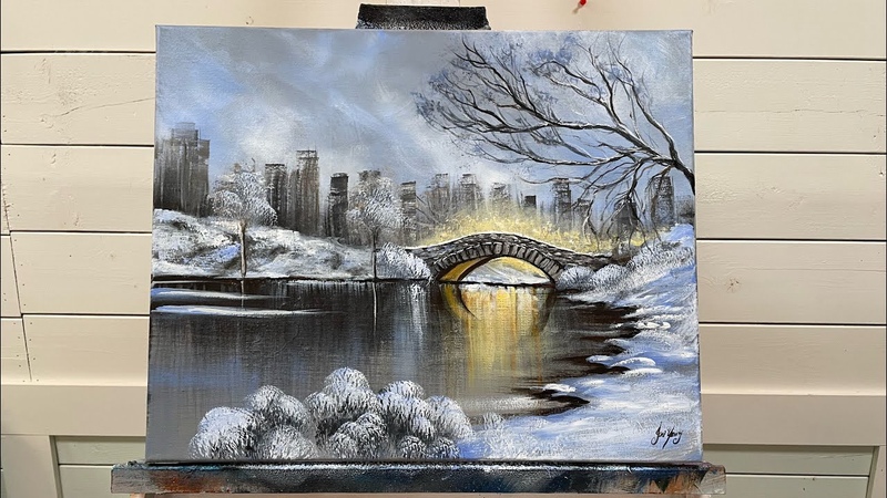 How To Draw And Paint OVER THE RIVER, WINTER BRIDGE, Painting