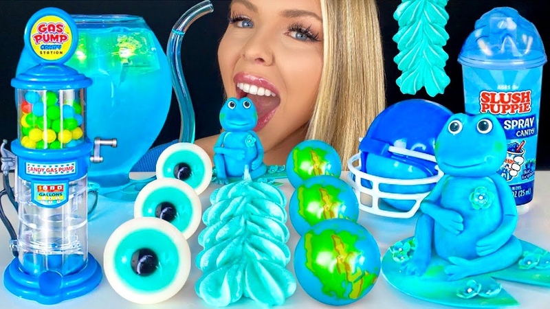 ASMR LIGHT JELLY BLUE DRINK, VAMPIRE GLASS, JAWBREAKER, MERINGUE POPS, GAS PUMP CANDY MUKBANG 먹방